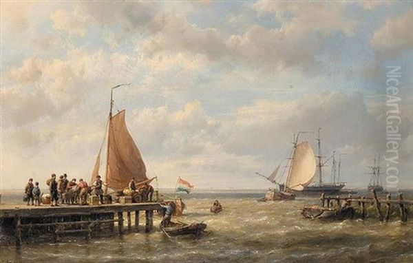 Provisioning A Tall Ship At Anchor Oil Painting by Hermanus Koekkoek the Elder