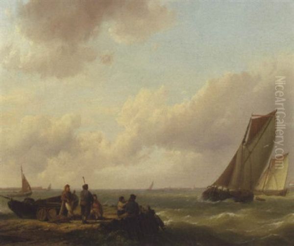 Fishermen On A Jetty With Sailing Vessels Approaching Oil Painting by Hermanus Koekkoek the Elder