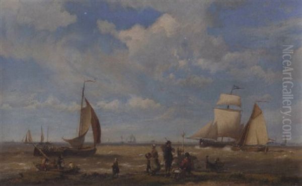 Shipping In A Breeze With Figures In The Foreground Oil Painting by Hermanus Koekkoek the Elder