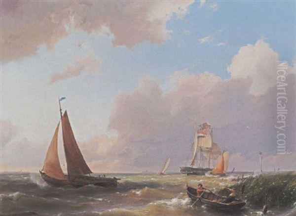 Sailing Vessels Off The Dutch Coast Oil Painting by Hermanus Koekkoek the Elder