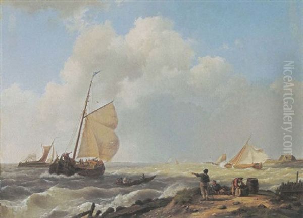 Sailing Vessels In Choppy Waters Oil Painting by Hermanus Koekkoek the Elder