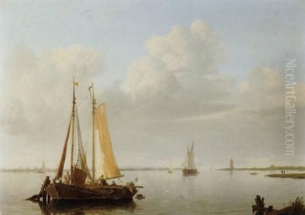 A Calm: Fishing Vessels At Anchor In A River Estuary Oil Painting by Hermanus Koekkoek the Elder