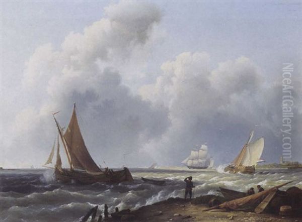 Sailing Vessels Off The Dutch Coast Oil Painting by Hermanus Koekkoek the Elder