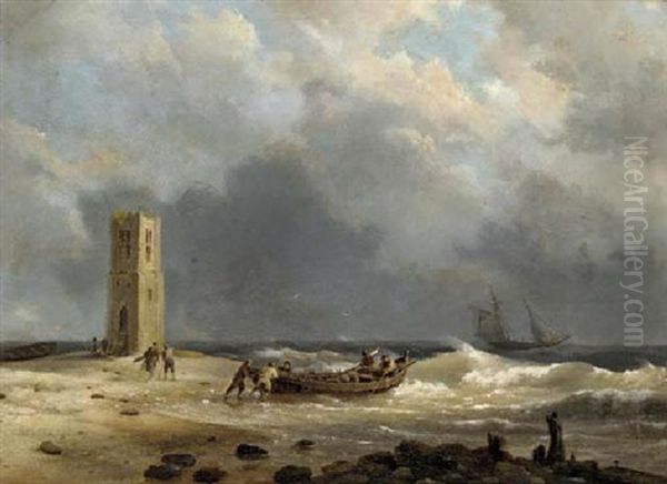 On A Stormy Shore Oil Painting by Hermanus Koekkoek the Elder