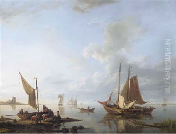 A Calm: Moored Sailing Vessels In An Estuary With Merchants Unloading Good In The Foreground Oil Painting by Hermanus Koekkoek the Elder