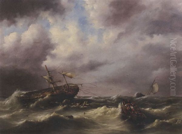 Boote Auf Sturmischer See Oil Painting by Hermanus Koekkoek the Elder