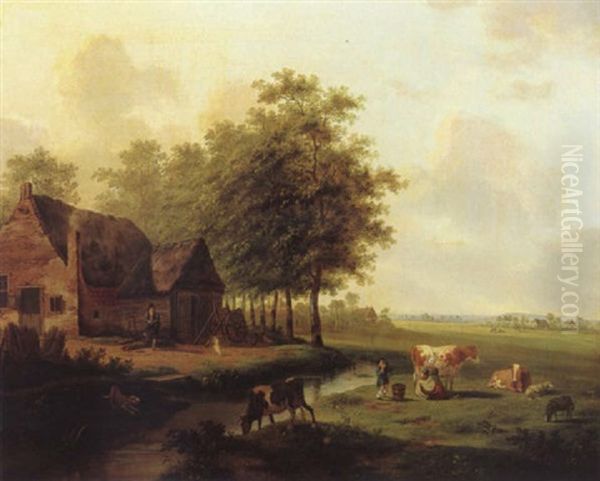 Dutch Farm Oil Painting by Hermanus Koekkoek the Elder