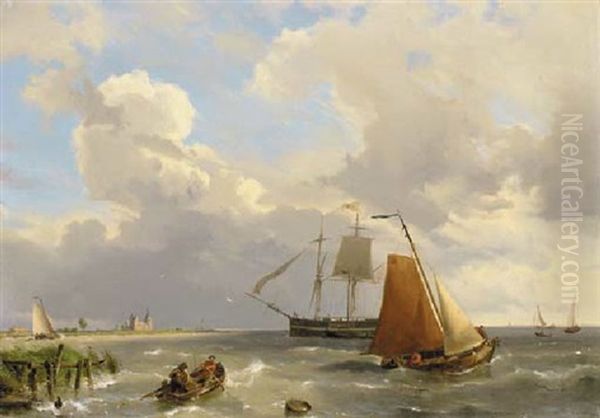 Shipping In A Choppy Estuary Oil Painting by Hermanus Koekkoek the Elder