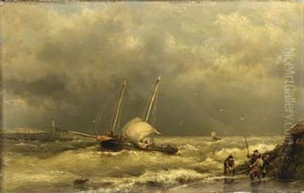 Shipping In Choppy Waters Oil Painting by Hermanus Koekkoek the Elder