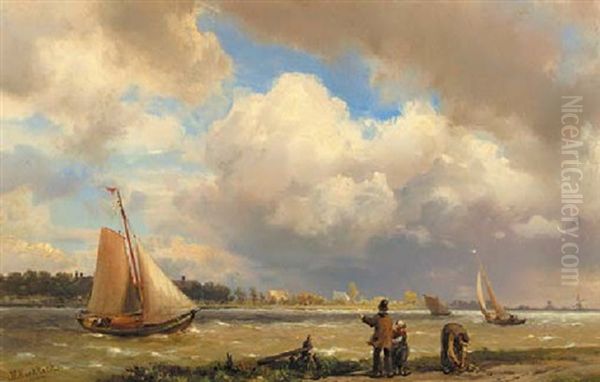 Figures On A Riverbank Watching Sailingboats Oil Painting by Hermanus Koekkoek the Elder