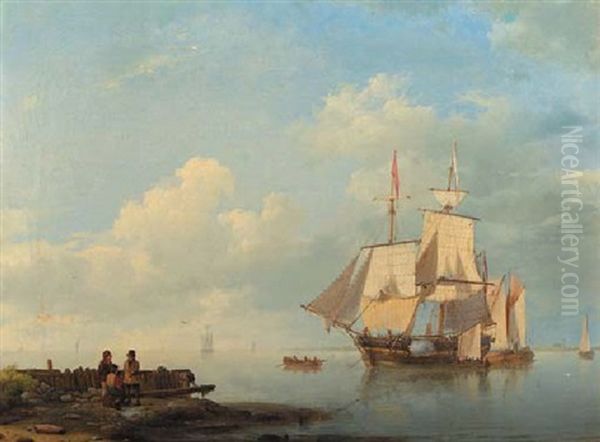 A Calm: A Two-master Firing A Salute Oil Painting by Hermanus Koekkoek the Elder