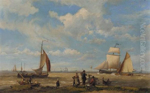 Shipping In A Breeze With Figures In The Foreground Oil Painting by Hermanus Koekkoek the Elder