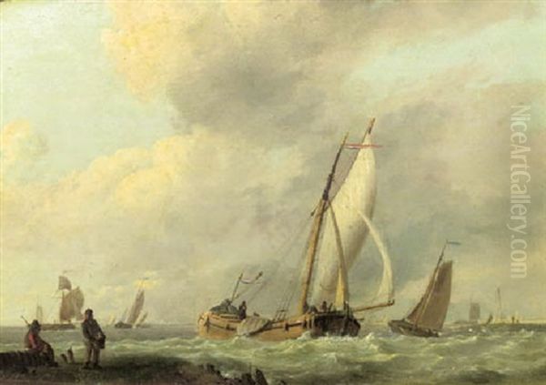 An Estuary With Sailing Vessels In A Breeze Oil Painting by Hermanus Koekkoek the Elder