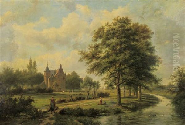 Summer: A Peasant Girl On A Path By A Stream With Children Playing, A Castle Beyond Oil Painting by Hermanus Koekkoek the Elder