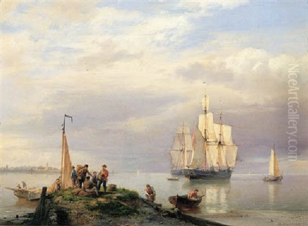 A Calm - A River Estuary With Two Masters At Anchor, Fisherman On A Jetty In The Foreground Oil Painting by Hermanus Koekkoek the Elder