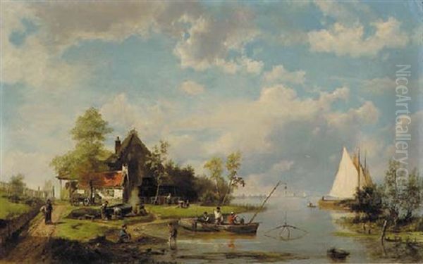 A River Landscape With A Ferry And Figures Mending A Boat Oil Painting by Hermanus Koekkoek the Elder