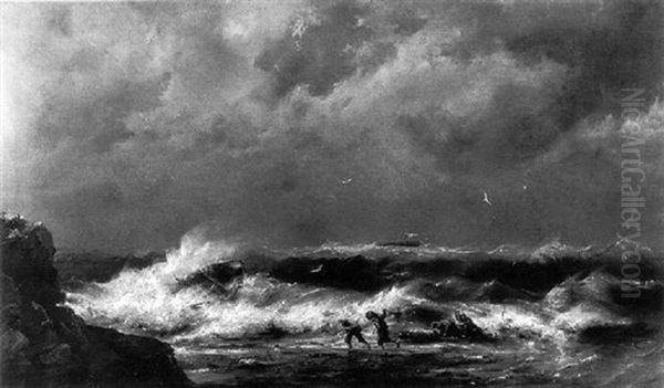 Gerettete Schiffsbruchige An Sturmischer Kuste Oil Painting by Hermanus Koekkoek the Elder