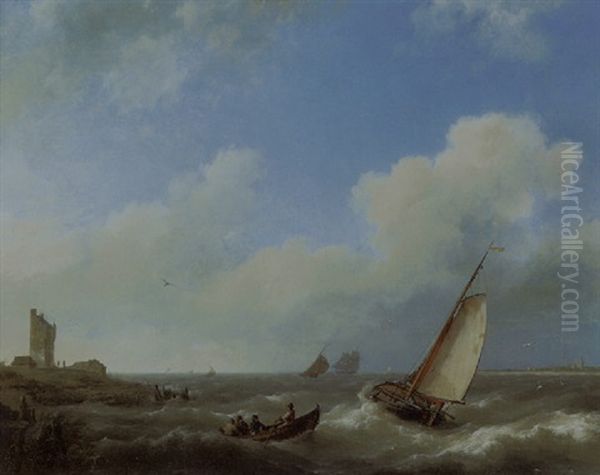 Shipping In A Choppy Estuary Oil Painting by Hermanus Koekkoek the Elder