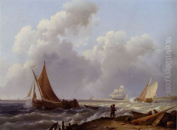 A Zeeuws Beurtschip In A Stiff Breeze, A Frigat In The Distance by Hermanus Koekkoek the Elder