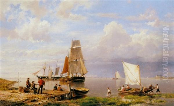 Shipping In A Calm With Merchants On A Riverbank Oil Painting by Hermanus Koekkoek the Elder