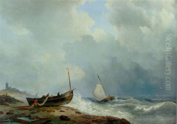 Fishing Boats Off The Coast Oil Painting by Hermanus Koekkoek the Elder