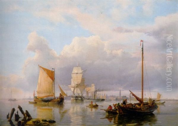 Shipping On The Scheldt With Antwerp In The Background Oil Painting by Hermanus Koekkoek the Elder