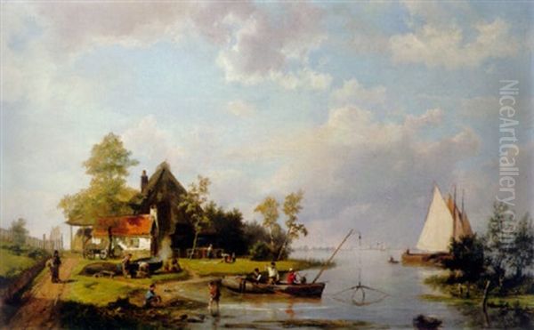 A River Landscape With A Ferry And Figures Mending A Boat Oil Painting by Hermanus Koekkoek the Elder