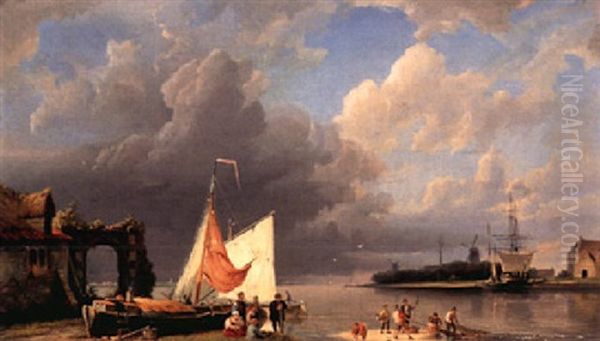 Fisherfolk On The Beach Near Groningen Oil Painting by Hermanus Koekkoek the Elder