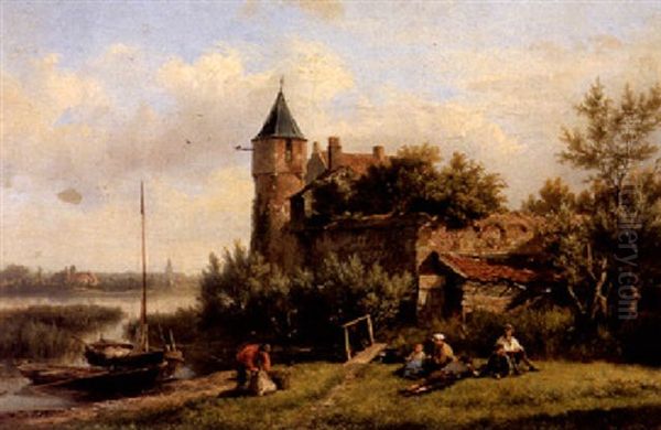 A River Landscape With Figures Resting By A Castle Oil Painting by Hermanus Koekkoek the Elder