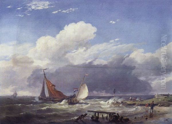 Marine Mit Hollandischen Fischerbooten Vor Der Kuste Oil Painting by Hermanus Koekkoek the Elder