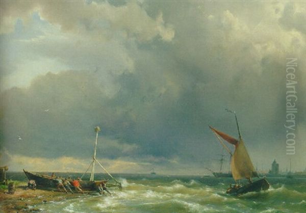 Shipping In A Stiff Breeze Near Enkhuizen by Hermanus Koekkoek the Elder