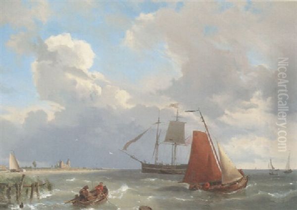 Shipping In A Choppy Estuary Oil Painting by Hermanus Koekkoek the Elder