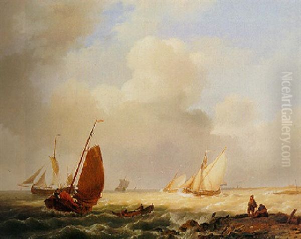 Sailing Vessels On A Choppy Sea Oil Painting by Hermanus Koekkoek the Elder