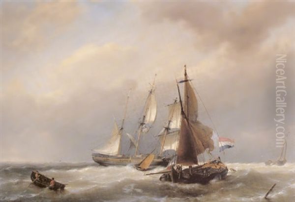 Shipping In A Stiff Breeze Oil Painting by Hermanus Koekkoek the Elder