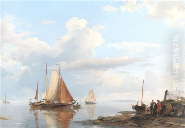 Figures Coming Ashore In A Calm Oil Painting by Hermanus Koekkoek the Elder