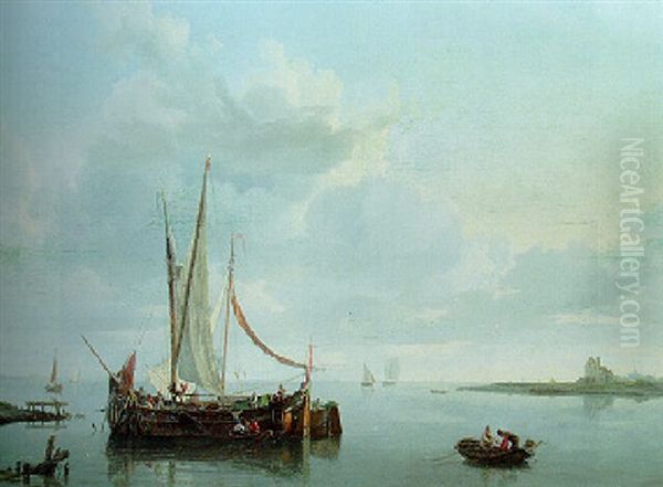 A Calm: A River Landscape With Crewmen Unloading A Ship In The Foreground Oil Painting by Hermanus Koekkoek the Elder