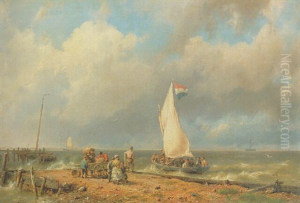 Figures On A Shore With A Fishing Boat Setting Sail Oil Painting by Hermanus Koekkoek the Elder