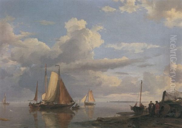 Fishing Boats Off The Coast At Dusk Oil Painting by Hermanus Koekkoek the Elder