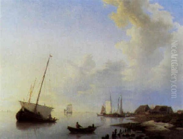 A Coastal Landscape With Sailing Vessels Oil Painting by Hermanus Koekkoek the Elder