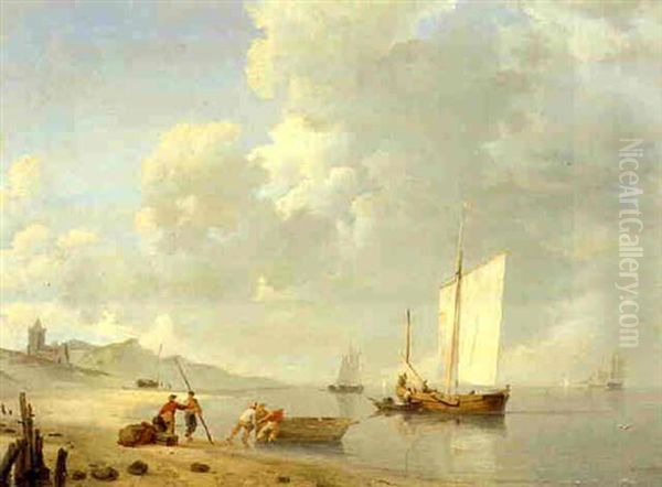 A Beach Scene With Fishermen Oil Painting by Hermanus Koekkoek the Elder