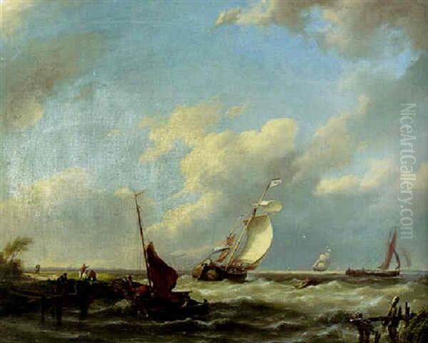 Shipping In A Choppy Sea Oil Painting by Hermanus Koekkoek the Elder