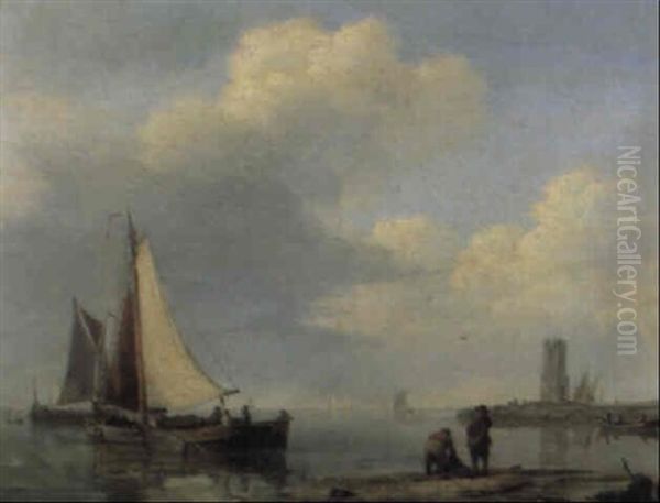 Shipping Vessel In An Estuary Oil Painting by Hermanus Koekkoek the Elder