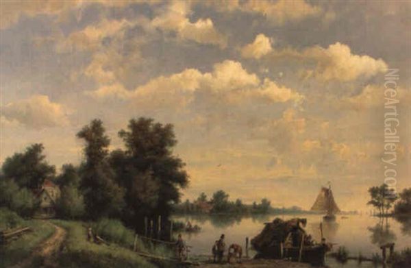 Figures By A Boat On A Lake Oil Painting by Hermanus Koekkoek the Elder