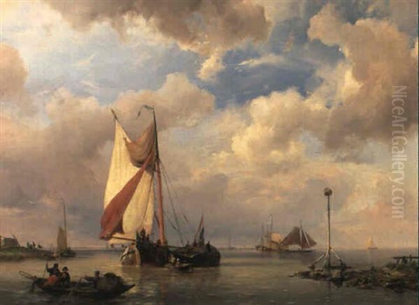 Shipping Vessels In A Calm Oil Painting by Hermanus Koekkoek the Elder