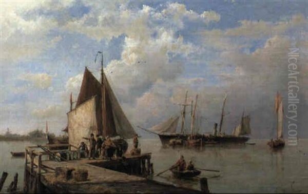 A View Of An Estuary With Figures Unloading Vessels On A Jetty Oil Painting by Hermanus Koekkoek the Elder