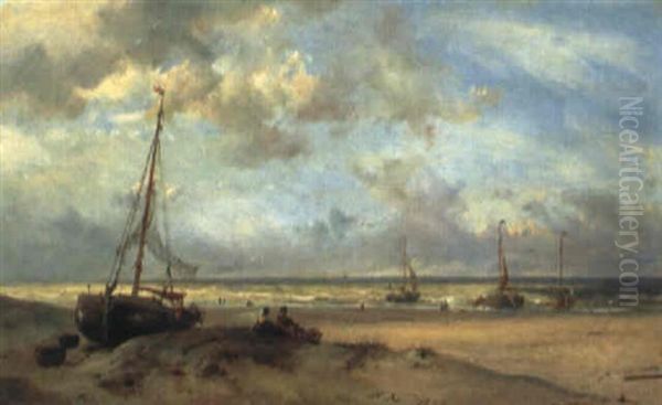 Fisherfolk Near Beached Bomschuiten Oil Painting by Hermanus Koekkoek the Elder