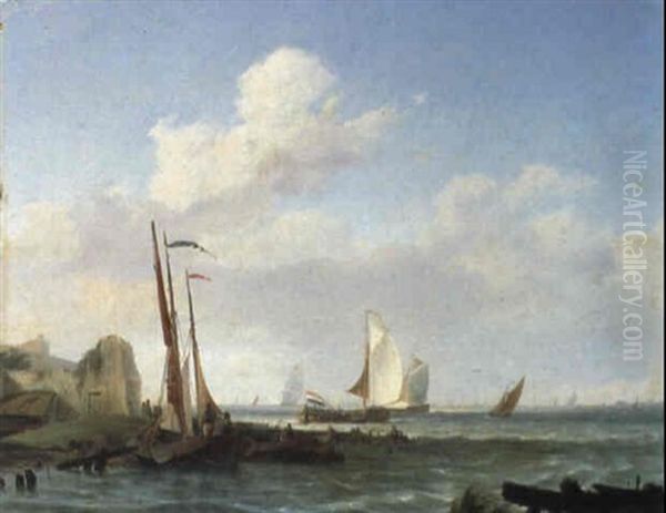 Fishermen And Moored Fishing Vessels By A Ruined Fortification Oil Painting by Hermanus Koekkoek the Elder