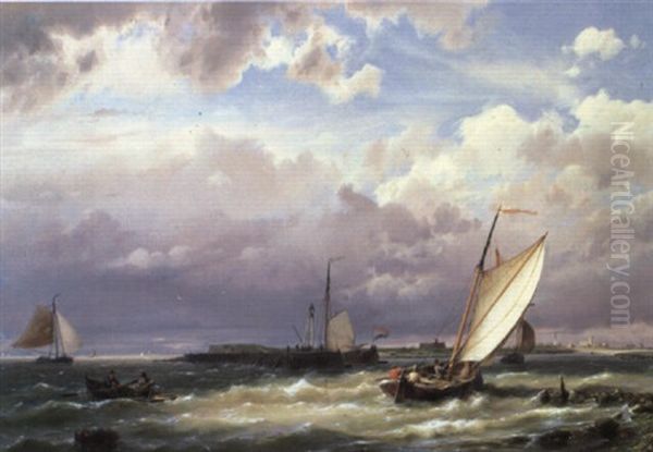 Dutch Barges Entering A Harbour Oil Painting by Hermanus Koekkoek the Elder