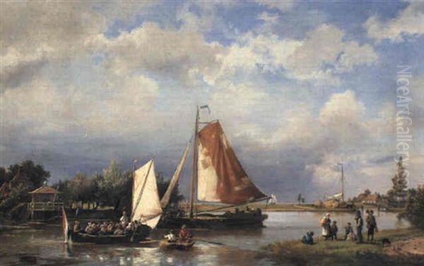 River Landscape With Sailing Vessels And Countryfolk Oil Painting by Hermanus Koekkoek the Elder