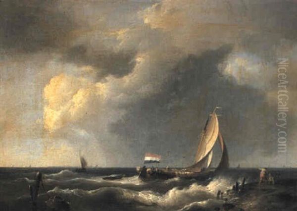 Coastal Landscape With Fishing Vessel In Choppy Seas by Hermanus Koekkoek the Elder